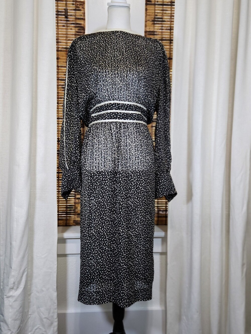 Vintage Albert Nipton Semi-Sheer Midi Dress - Black & White Abstract Pattern 10